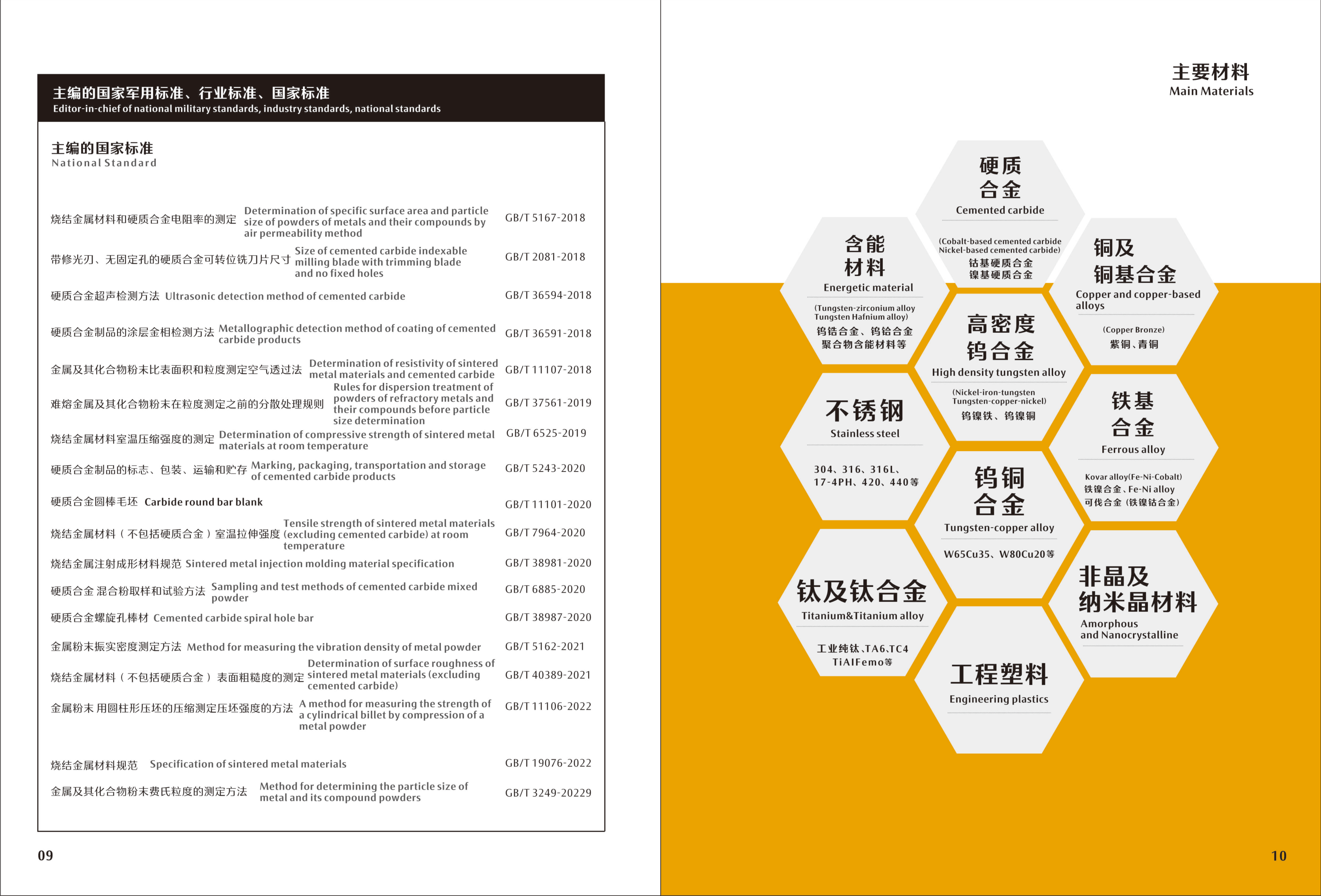 Brochure page 07 — intellectual property patents and compiled national/military/industry standards lists; full-page bilingual brochure image.